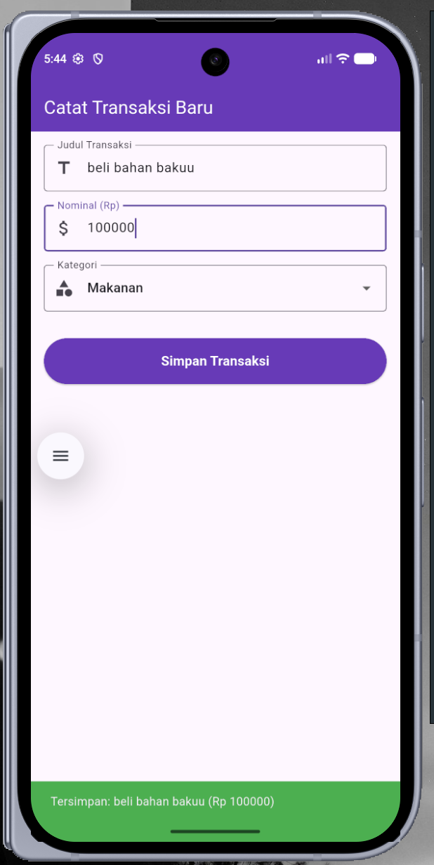 Output SnackBar transaksi tersimpan